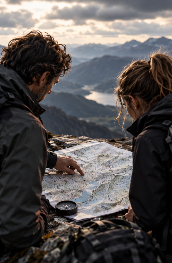 Homem e mulher estudando um mapa durante uma caminhada nas montanhas