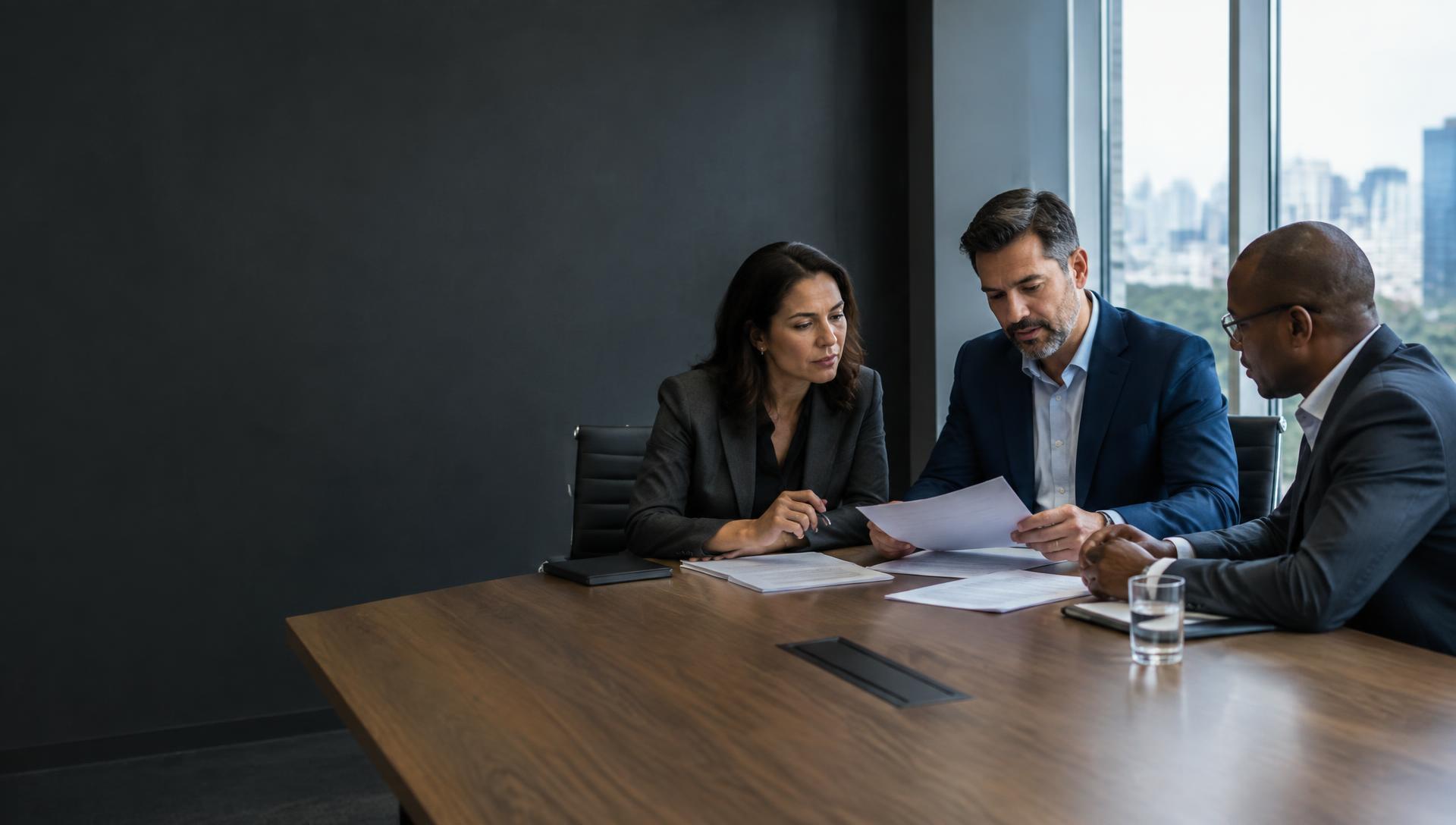 Lideranças revisando documentos em sala de reunião