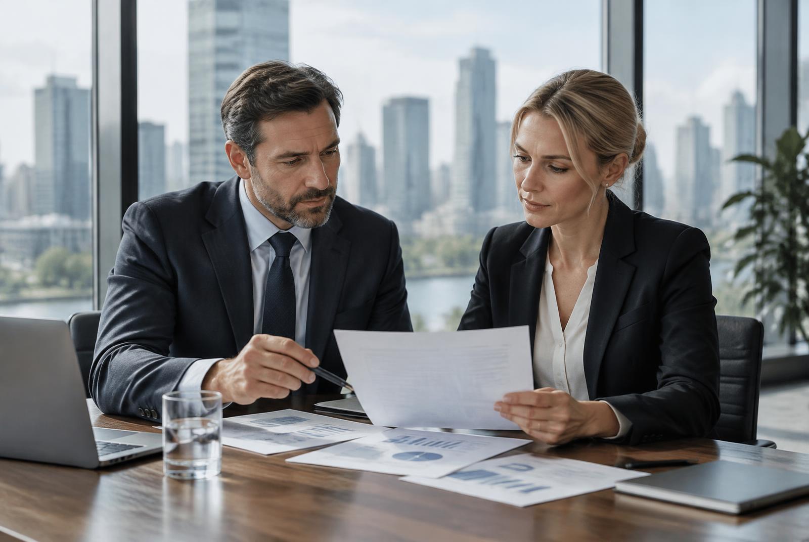 Dois executivos analisando relatórios lado a lado