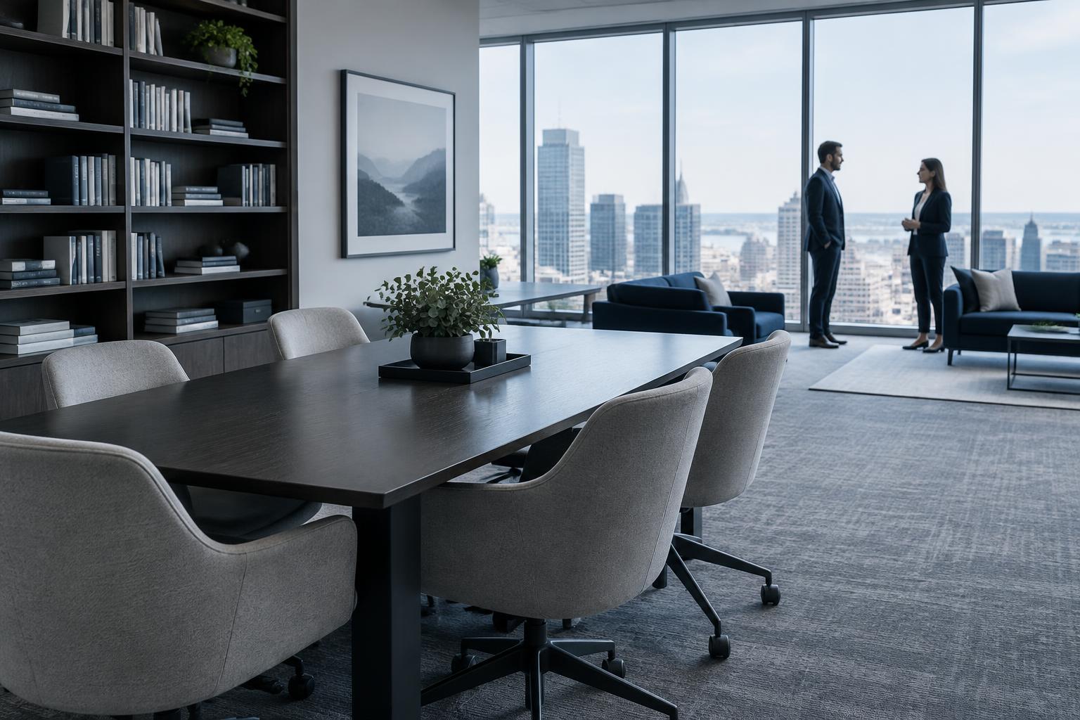 Ambiente de trabalho com biblioteca e vista para a cidade